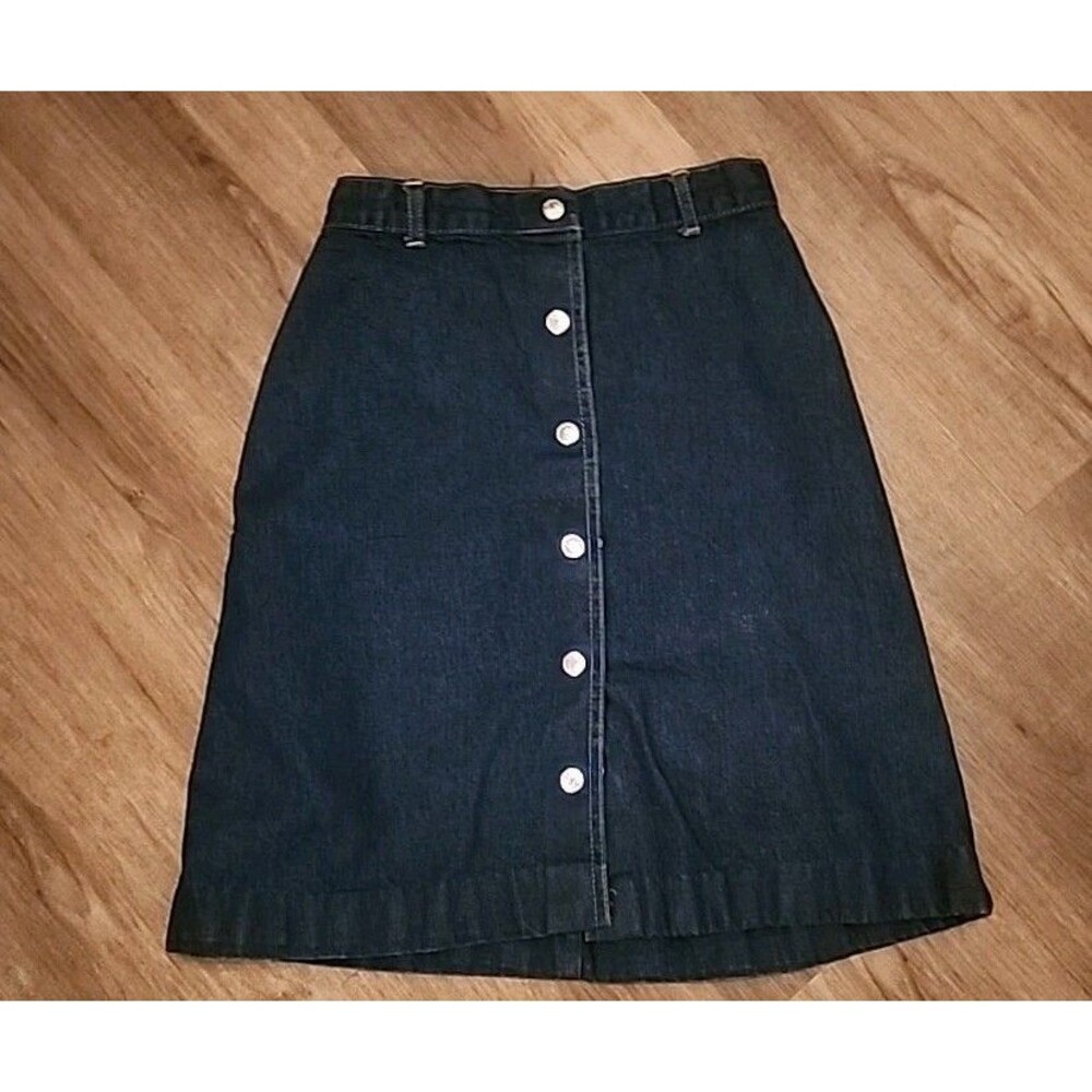 Vintage Women's Dark Blue Denim Skirt 4/5 Knee Length Button Up